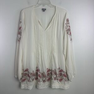 J Jill Peasant Top Women Size Large Floral Embroidery Split Neck Pop Over Boho